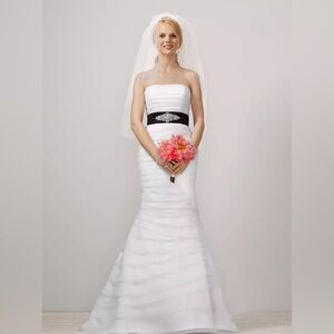 Strapless Ivory Ruffled Wedding Gown with Black Accent Sash